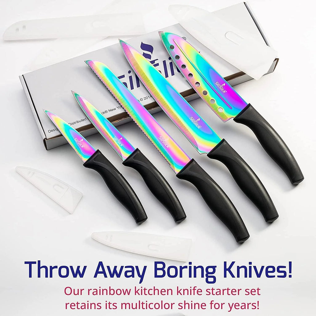 Kitchen Knife Set Kit 5 Dishwasher Safe Colorful Knives with Sharpener Blue