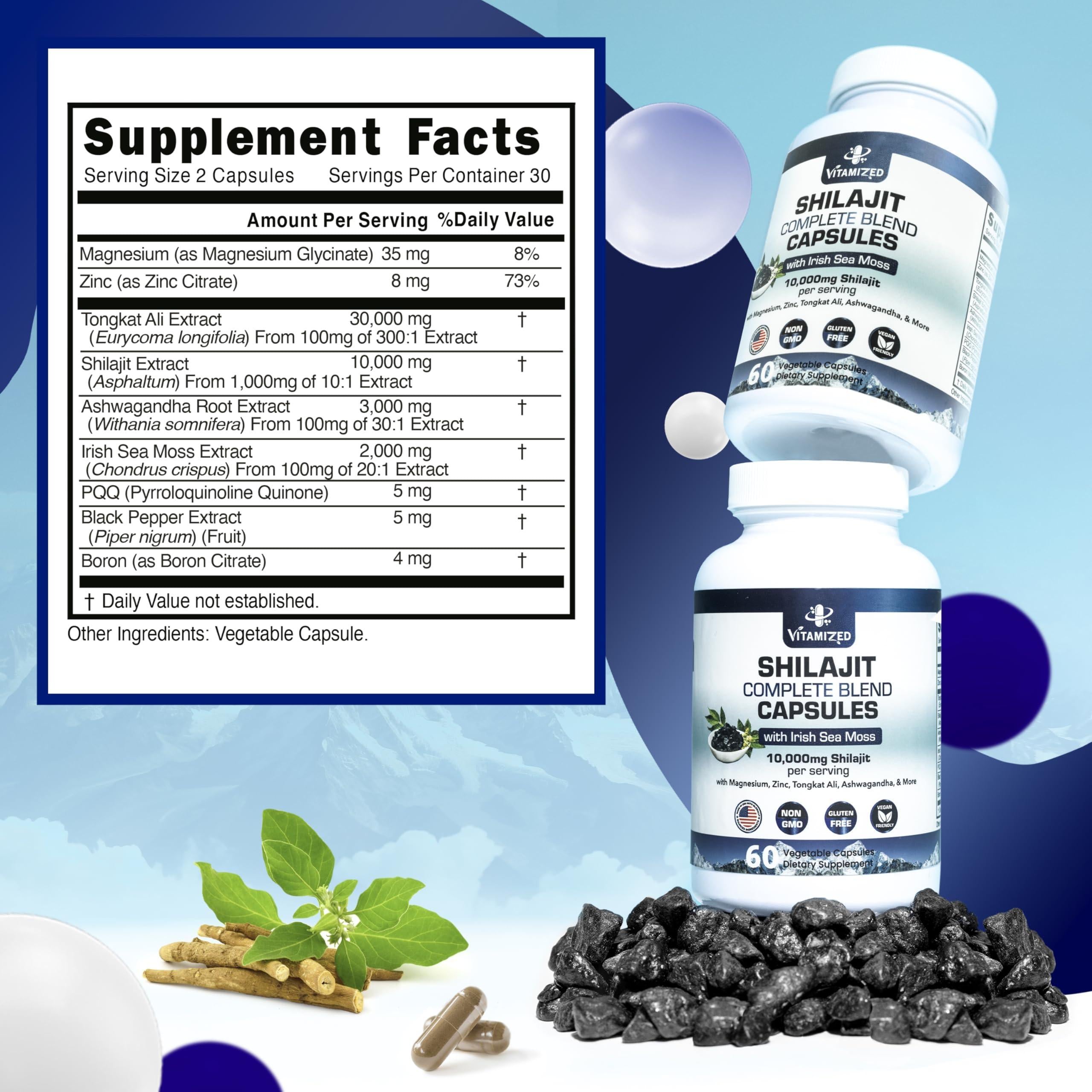 Pure Himalayan Shilajit for Men Boost Stamina & Athleticism Support Metabolism & Energy 10000Mg Shilajit Ashwagandha Supplements Irish Sea Moss Tongkat Ali PQQ & More 60 Shilajit Capsules