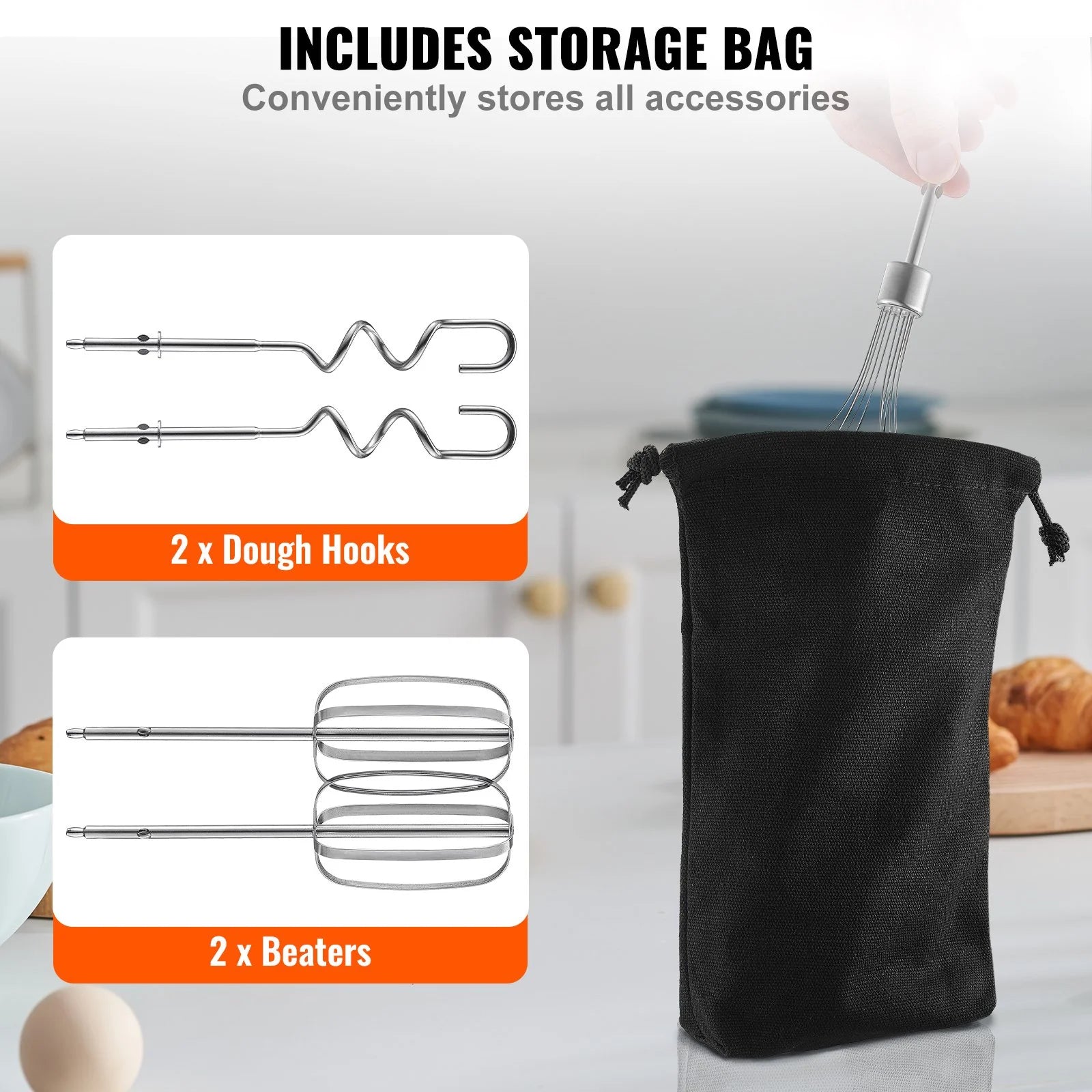 VEVOR Cordless Electric Hand Mixer, 250W, Continuously Variable Electric Handheld Mixer, with Turbo Boost Beaters Dough Hooks Storage Bag, Baking Supplies for Whipping Mixing Egg Cookie Cake Cream