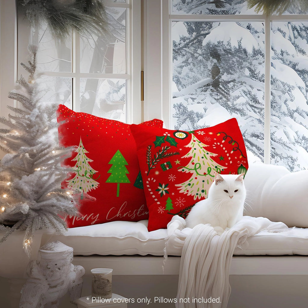 G128 Christmas Decoration Elegant Pine Spruce Waterproof Throw Pillow Covers 18 X 18 in Set of 4, Beautiful Cushion Covers for Christmas Sofa Couch Decoration