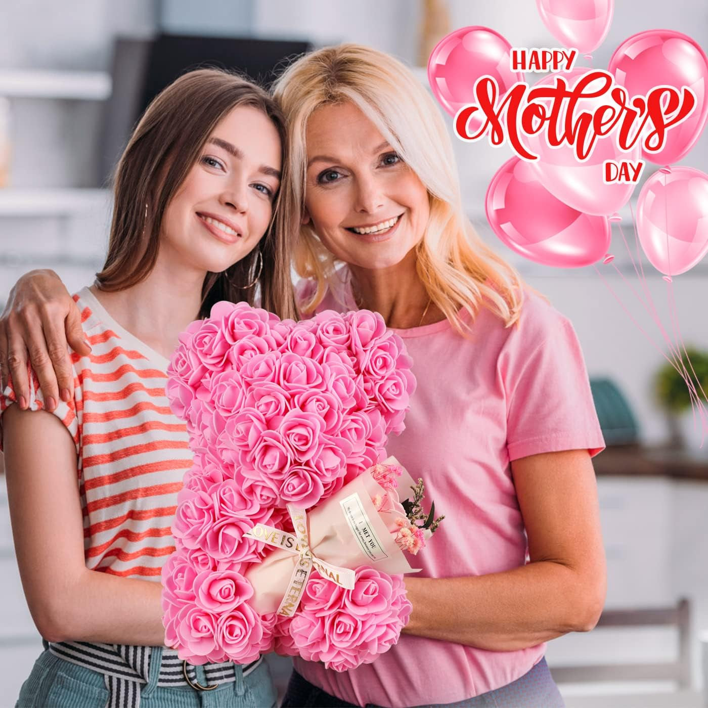 Rose Bear Birthday Gift for Women, Flowers Gifts for Mom Wife Grandma Daughter Friends Sister Her,Artificial Flowers Teddy Bear with Bouquet,Greeting Card,Mother'S Day Christmas Valentines