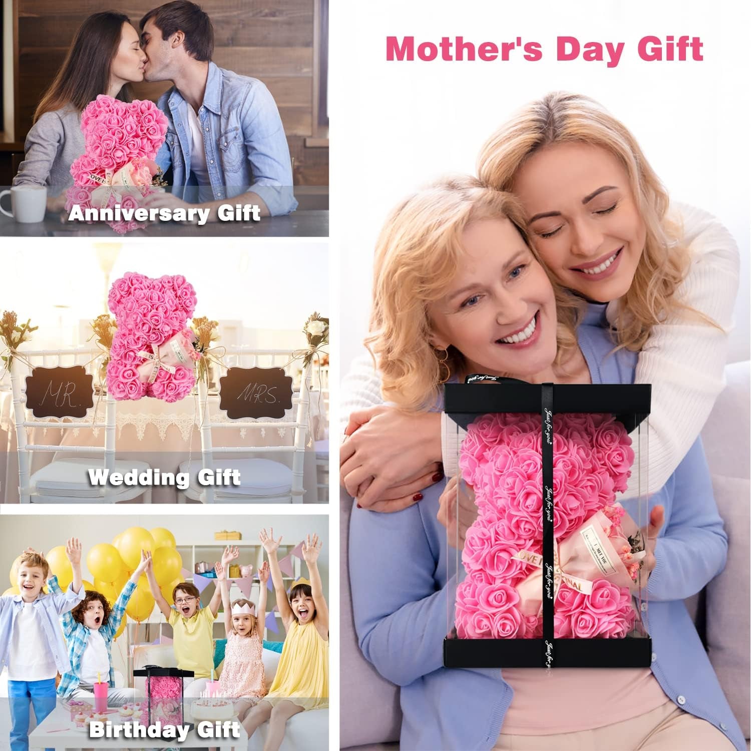 Rose Bear Birthday Gift for Women, Flowers Gifts for Mom Wife Grandma Daughter Friends Sister Her,Artificial Flowers Teddy Bear with Bouquet,Greeting Card,Mother'S Day Christmas Valentines