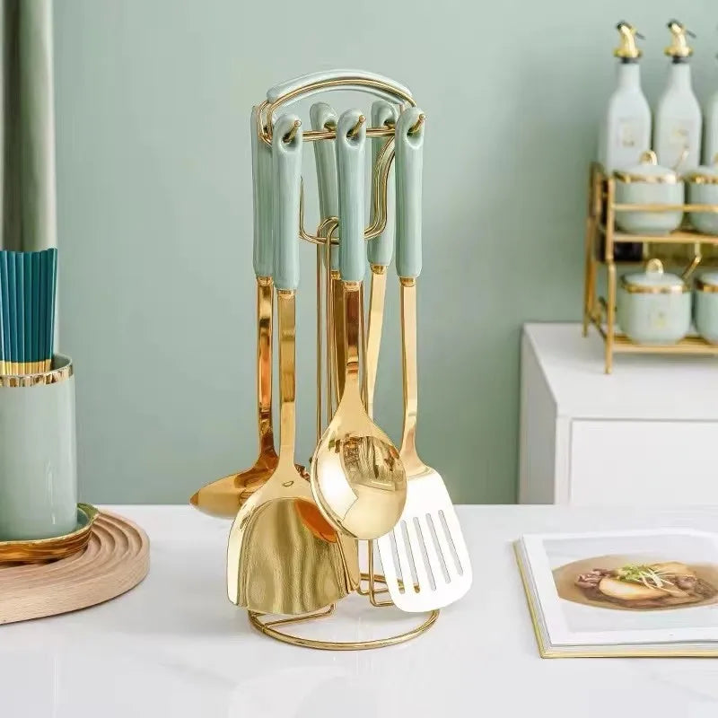 7pcs stainless steel spatula soup spoon kitchenware set cooking spatula kitchen supplies ceramic handle Nordic kitchen tools