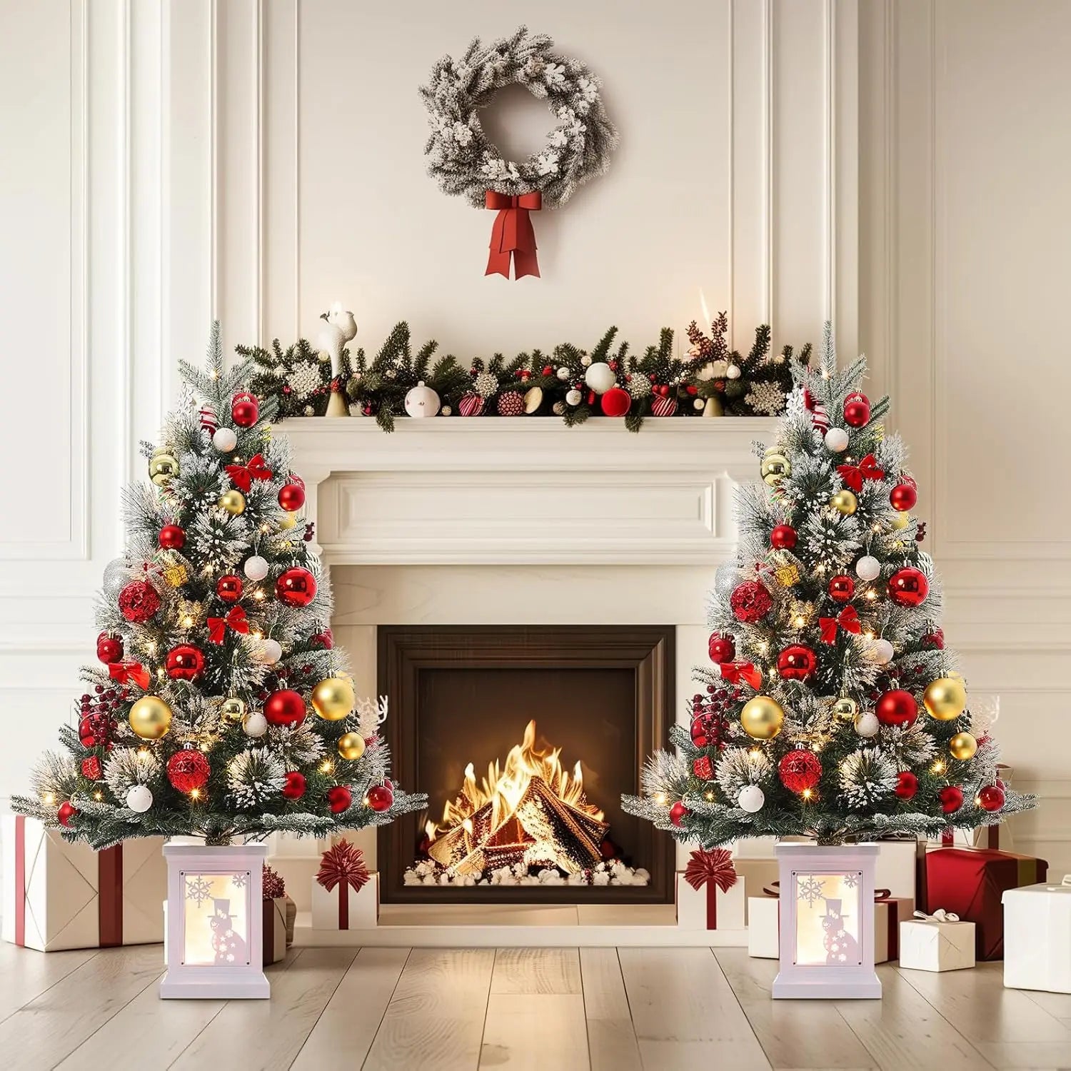 3 Ft Pre-Lit Artificial Christmas Tree with 78 LED Lights, Snowflakes & Red Berries - Black Square Base for Home, Porch, Office