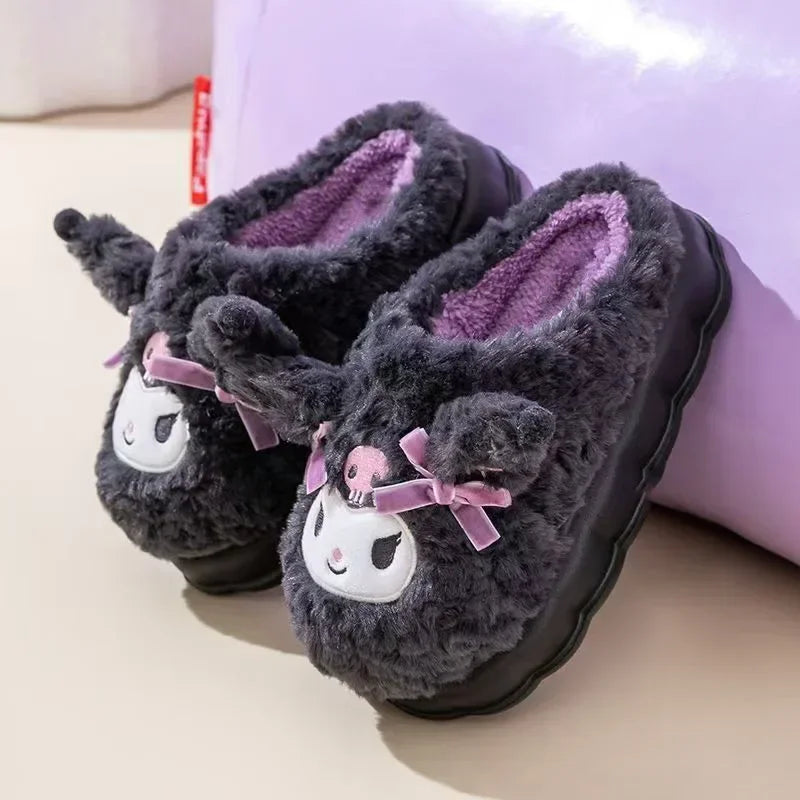 New Kawaii Kuromi Cotton Slippers Cartoon Cute Winter Home Slippers Thick Sole Keep Warm Cotton Shoes Xmas Gift For Girlfriend