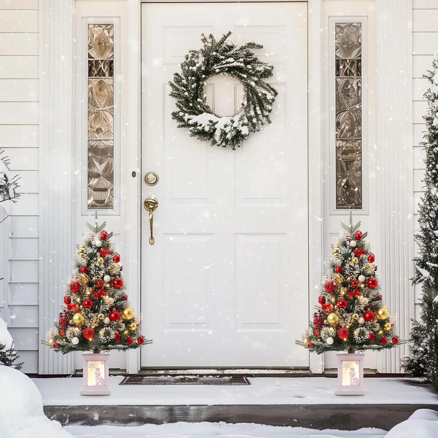 3 Ft Pre-Lit Artificial Christmas Tree with 78 LED Lights, Snowflakes & Red Berries - Black Square Base for Home, Porch, Office