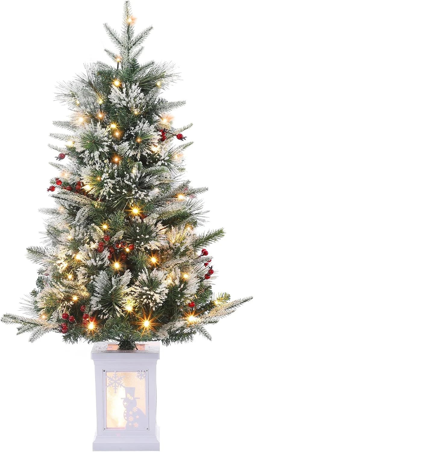 3 Ft Pre-Lit Artificial Christmas Tree with 78 LED Lights, Snowflakes & Red Berries - Black Square Base for Home, Porch, Office