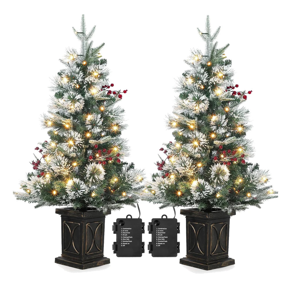 3 Ft Pre-Lit Artificial Christmas Tree with 78 LED Lights, Snowflakes & Red Berries - Black Square Base for Home, Porch, Office