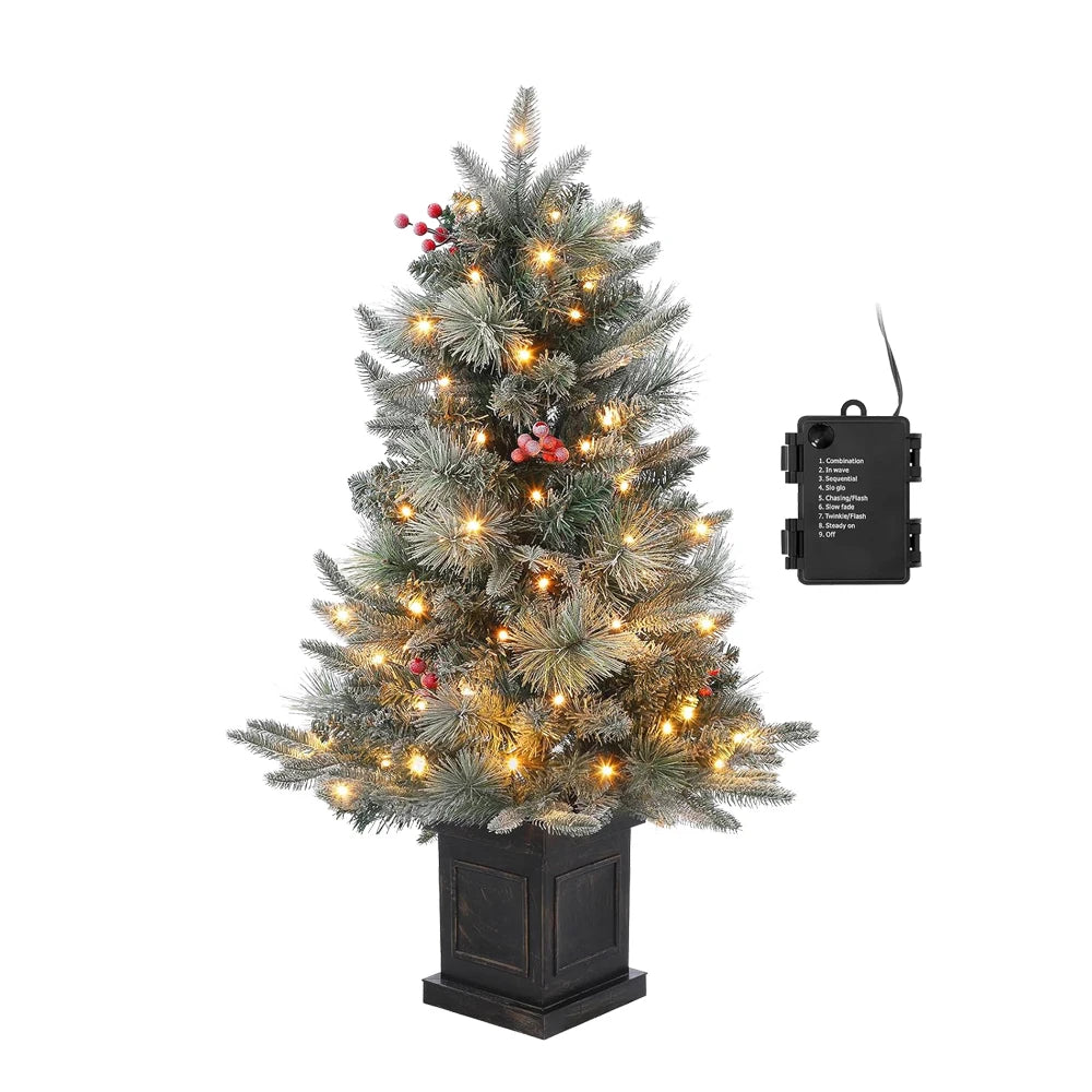3 Ft Pre-Lit Artificial Christmas Tree with 78 LED Lights, Snowflakes & Red Berries - Black Square Base for Home, Porch, Office