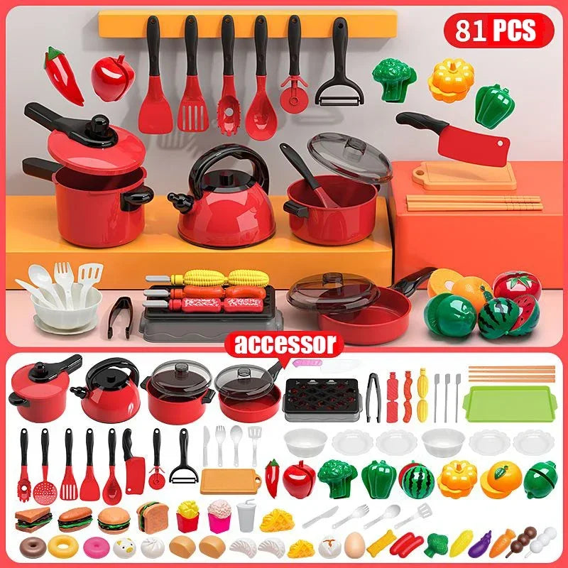 Kids Toys Pretend Play Red Kitchen Toys Simulation Food Cooking Girl's Boys Educational Play House Interactive Toys for Children