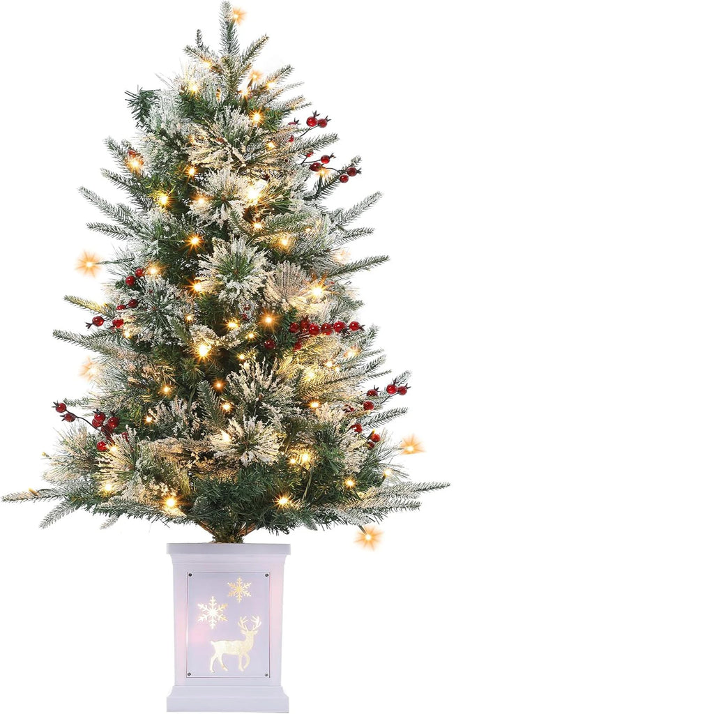 3 Ft Pre-Lit Artificial Christmas Tree with 78 LED Lights, Snowflakes & Red Berries - Black Square Base for Home, Porch, Office