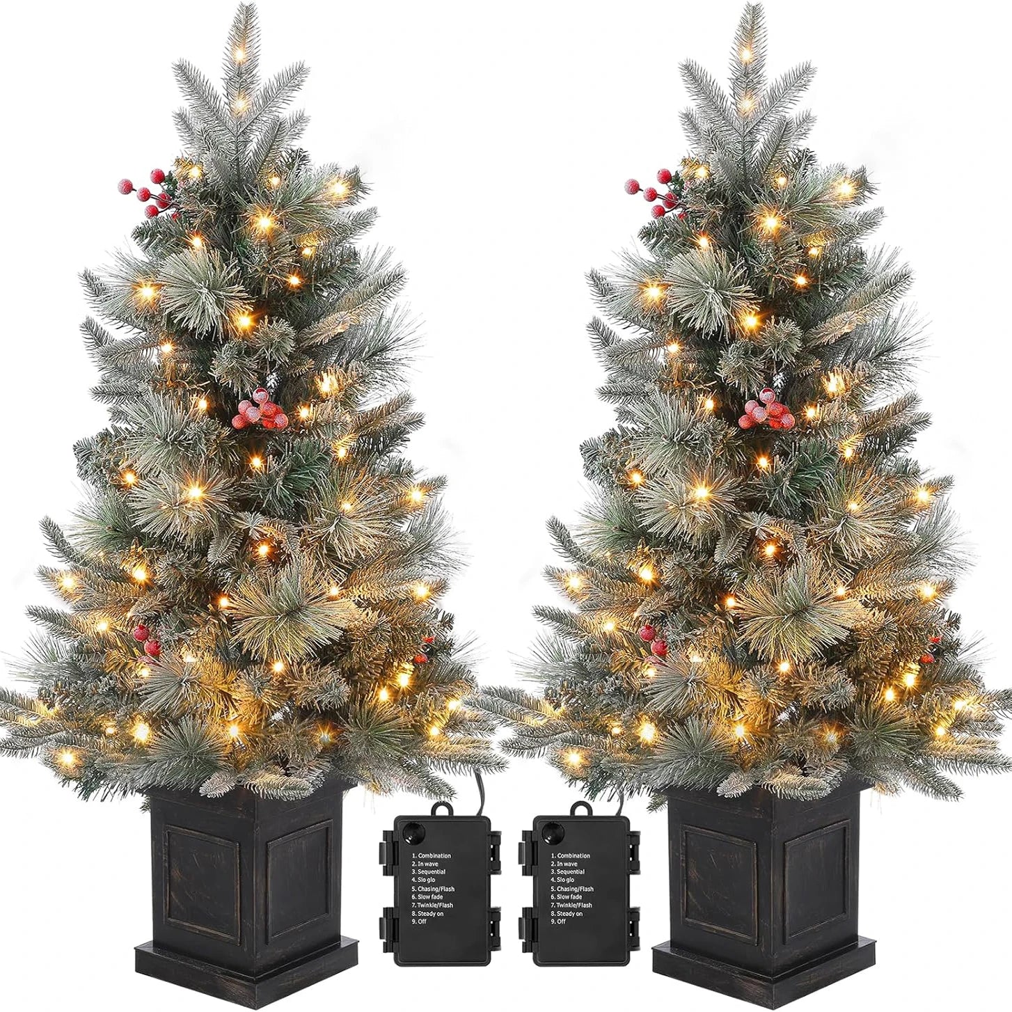 3 Ft Pre-Lit Artificial Christmas Tree with 78 LED Lights, Snowflakes & Red Berries - Black Square Base for Home, Porch, Office