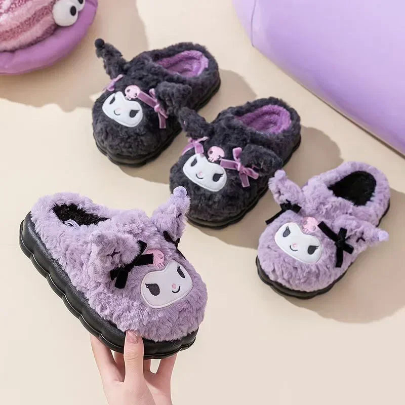 New Kawaii Kuromi Cotton Slippers Cartoon Cute Winter Home Slippers Thick Sole Keep Warm Cotton Shoes Xmas Gift For Girlfriend