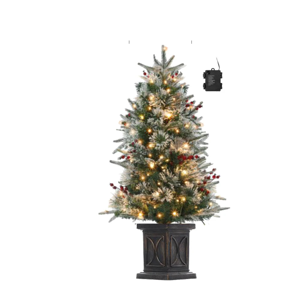 3 Ft Pre-Lit Artificial Christmas Tree with 78 LED Lights, Snowflakes & Red Berries - Black Square Base for Home, Porch, Office