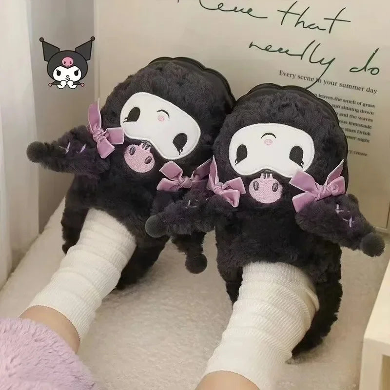 New Kawaii Kuromi Cotton Slippers Cartoon Cute Winter Home Slippers Thick Sole Keep Warm Cotton Shoes Xmas Gift For Girlfriend