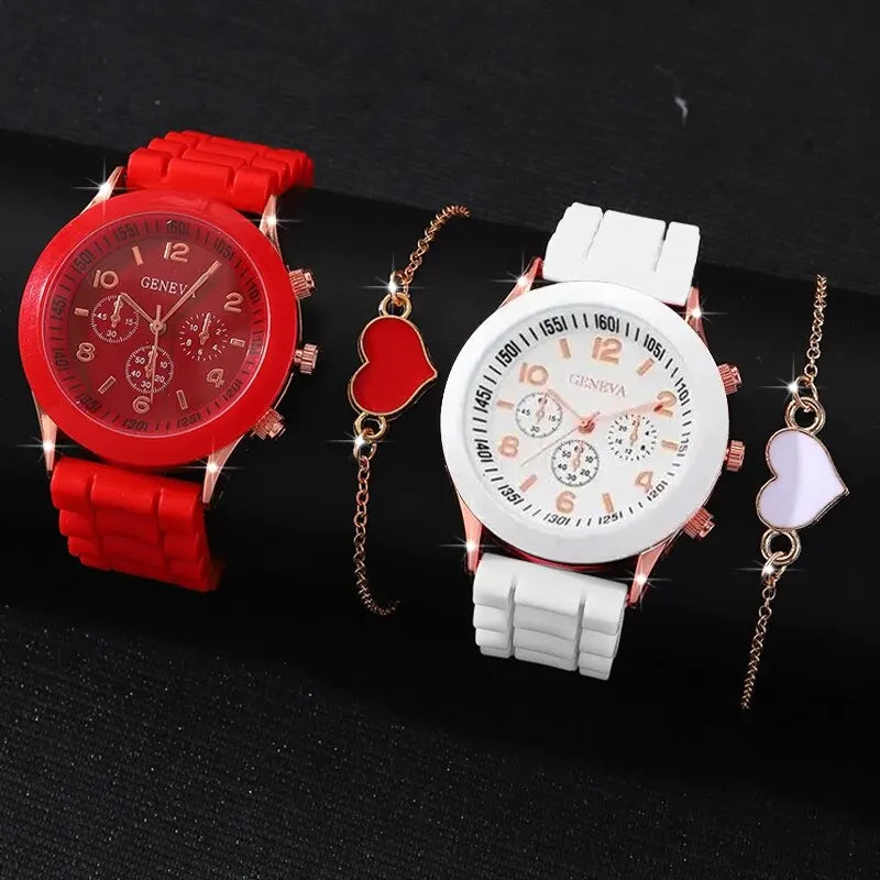 4pcs Fashion Simple Set Watches Luxury Men Women Silicone Tape Quartz Watch for Silver Business Casual Bracelet Wristwatch