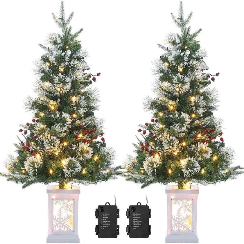 3 Ft Pre-Lit Artificial Christmas Tree with 78 LED Lights, Snowflakes & Red Berries - Black Square Base for Home, Porch, Office
