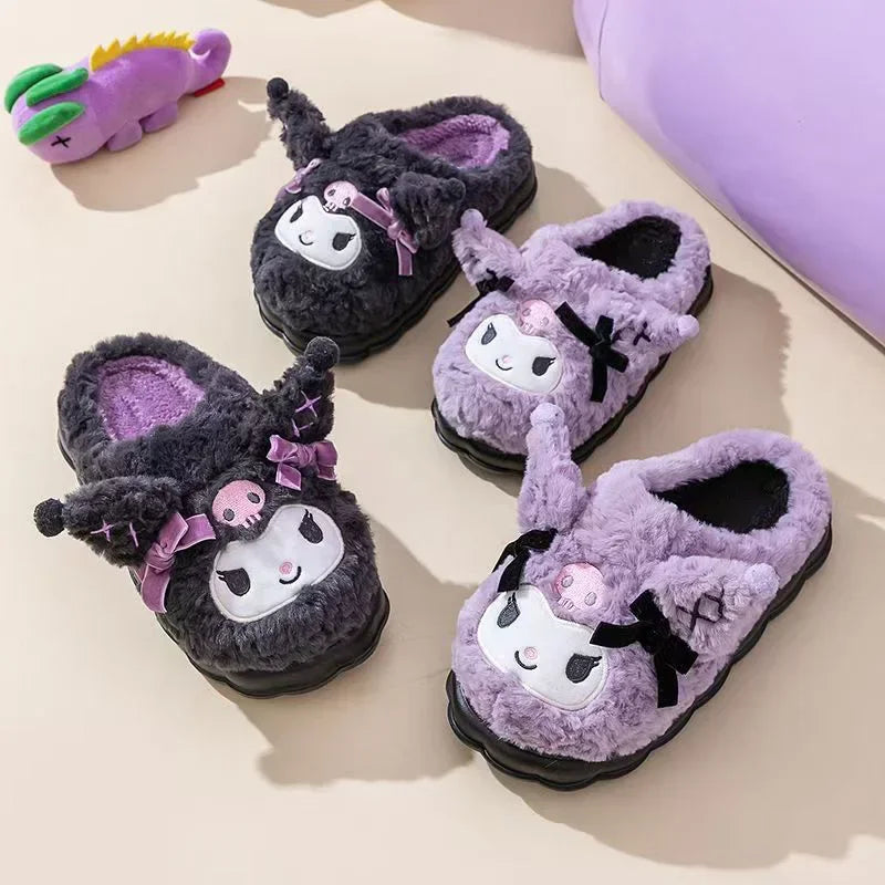 New Kawaii Kuromi Cotton Slippers Cartoon Cute Winter Home Slippers Thick Sole Keep Warm Cotton Shoes Xmas Gift For Girlfriend