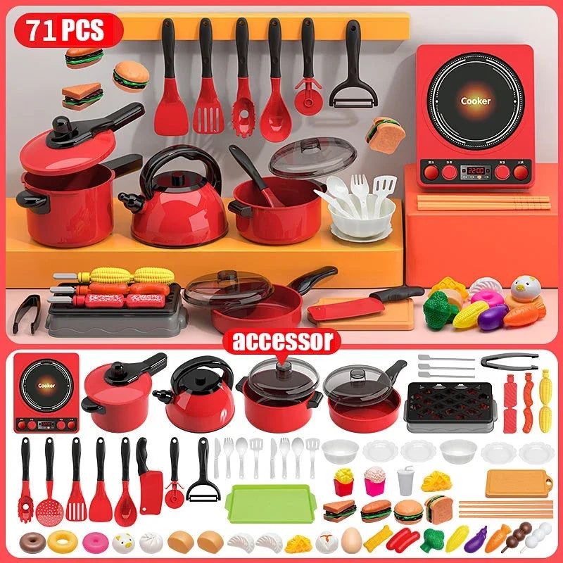 Kids Toys Pretend Play Red Kitchen Toys Simulation Food Cooking Girl's Boys Educational Play House Interactive Toys for Children