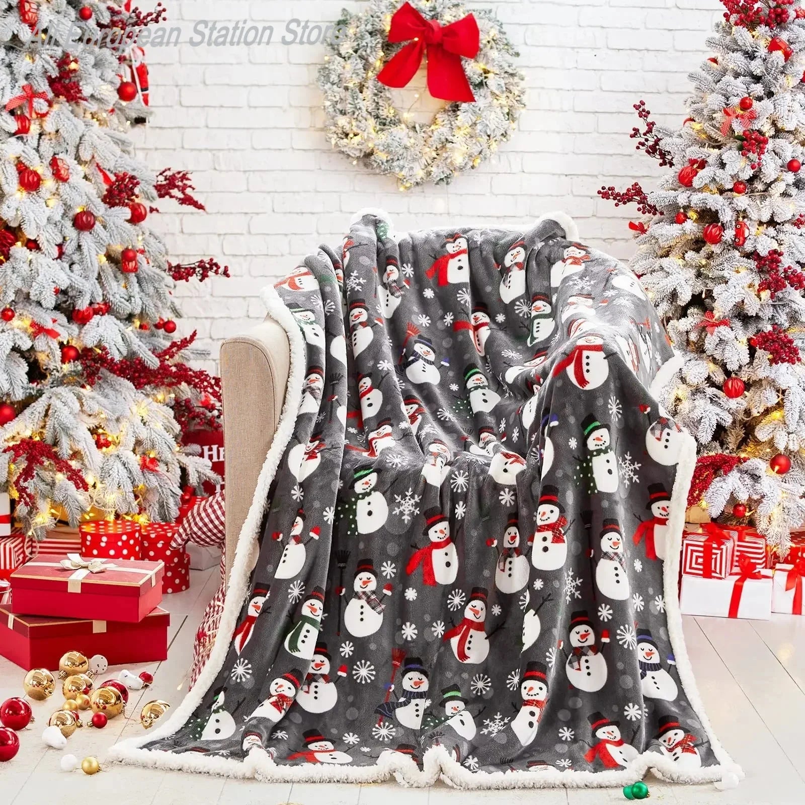 Navidad Christmas Reindeer Throw Blanket Single Layer Thicken Fluffy Soft Fleece Flannel Santa Claus Snowman Blanket Home Gift