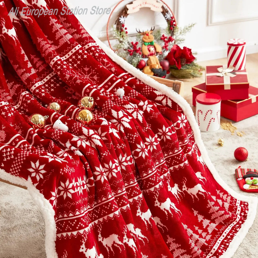 Navidad Christmas Reindeer Throw Blanket Single Layer Thicken Fluffy Soft Fleece Flannel Santa Claus Snowman Blanket Home Gift