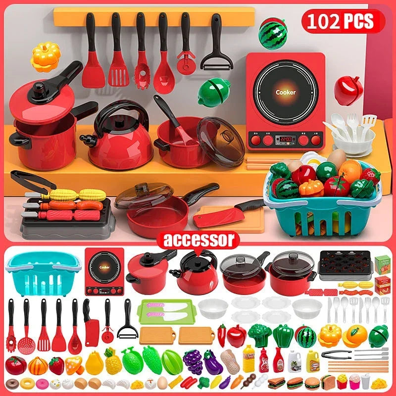 Kids Toys Pretend Play Red Kitchen Toys Simulation Food Cooking Girl's Boys Educational Play House Interactive Toys for Children