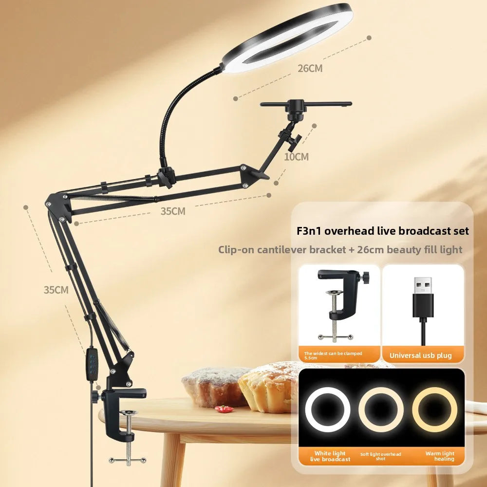 Phone Stand for Live Streaming, Desktop Boom Arm, Adjustable Height, Suitable for Selfie Shooting, Fill Light, Video Recording