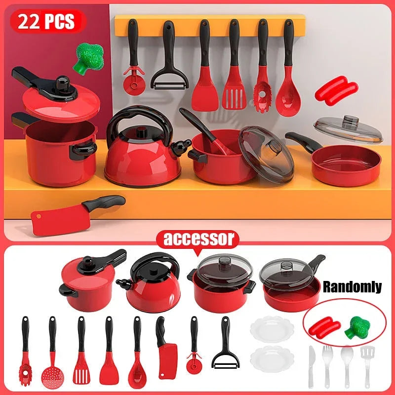 Kids Toys Pretend Play Red Kitchen Toys Simulation Food Cooking Girl's Boys Educational Play House Interactive Toys for Children