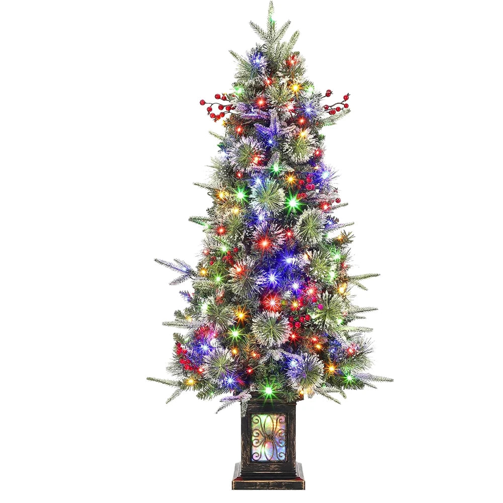 3 Ft Pre-Lit Artificial Christmas Tree with 78 LED Lights, Snowflakes & Red Berries - Black Square Base for Home, Porch, Office
