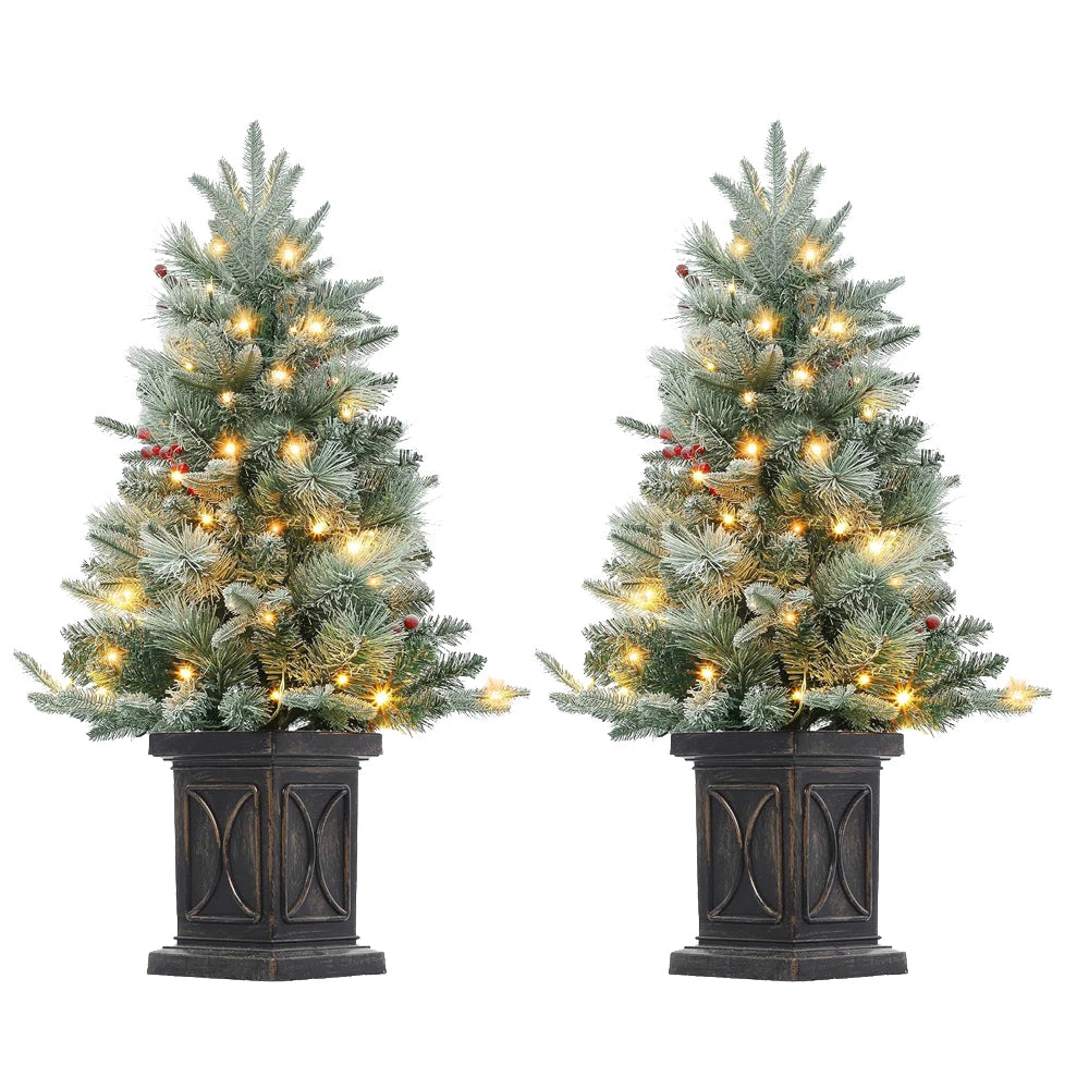 3 Ft Pre-Lit Artificial Christmas Tree with 78 LED Lights, Snowflakes & Red Berries - Black Square Base for Home, Porch, Office