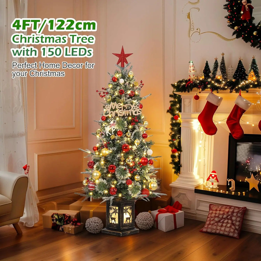 3 Ft Pre-Lit Artificial Christmas Tree with 78 LED Lights, Snowflakes & Red Berries - Black Square Base for Home, Porch, Office