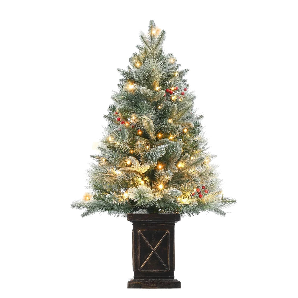 3 Ft Pre-Lit Artificial Christmas Tree with 78 LED Lights, Snowflakes & Red Berries - Black Square Base for Home, Porch, Office