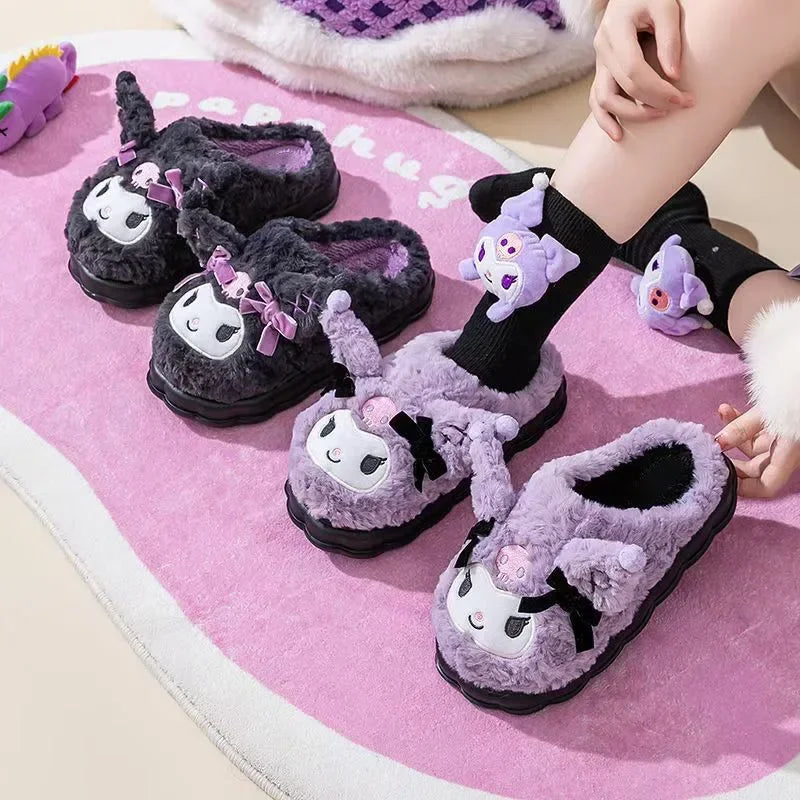 New Kawaii Kuromi Cotton Slippers Cartoon Cute Winter Home Slippers Thick Sole Keep Warm Cotton Shoes Xmas Gift For Girlfriend