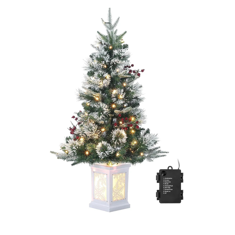 3 Ft Pre-Lit Artificial Christmas Tree with 78 LED Lights, Snowflakes & Red Berries - Black Square Base for Home, Porch, Office