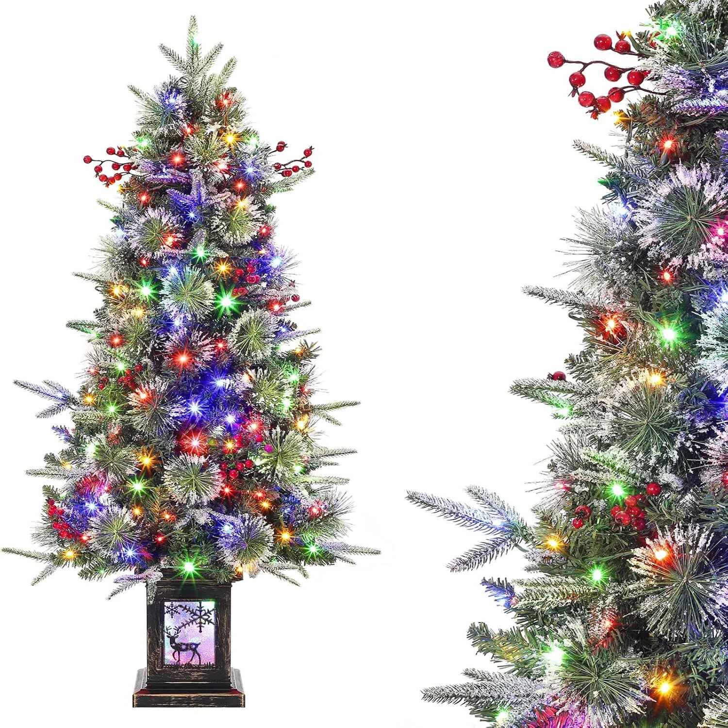 3 Ft Pre-Lit Artificial Christmas Tree with 78 LED Lights, Snowflakes & Red Berries - Black Square Base for Home, Porch, Office