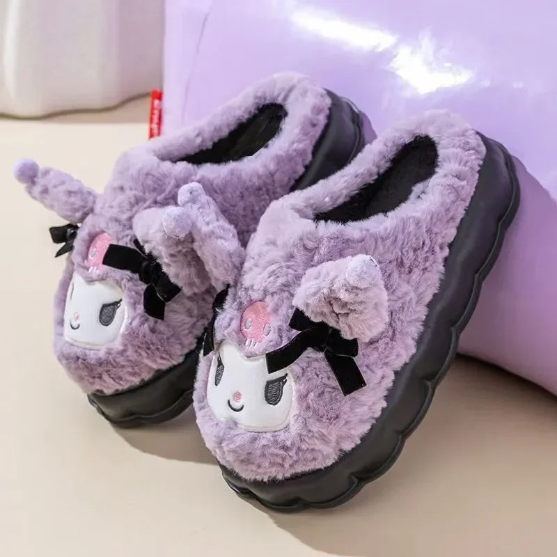 New Kawaii Kuromi Cotton Slippers Cartoon Cute Winter Home Slippers Thick Sole Keep Warm Cotton Shoes Xmas Gift For Girlfriend