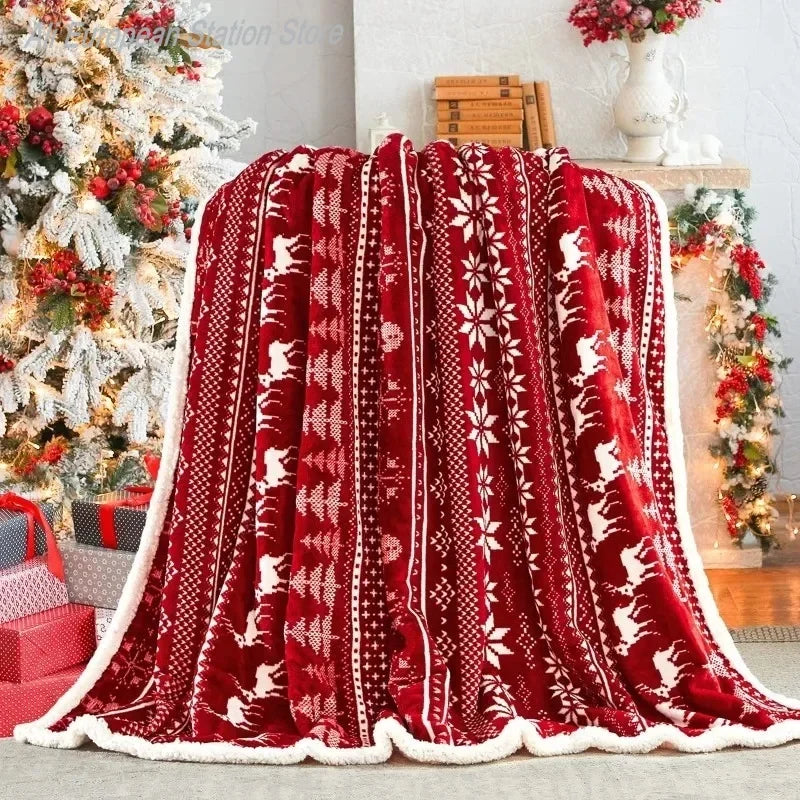 Navidad Christmas Reindeer Throw Blanket Single Layer Thicken Fluffy Soft Fleece Flannel Santa Claus Snowman Blanket Home Gift