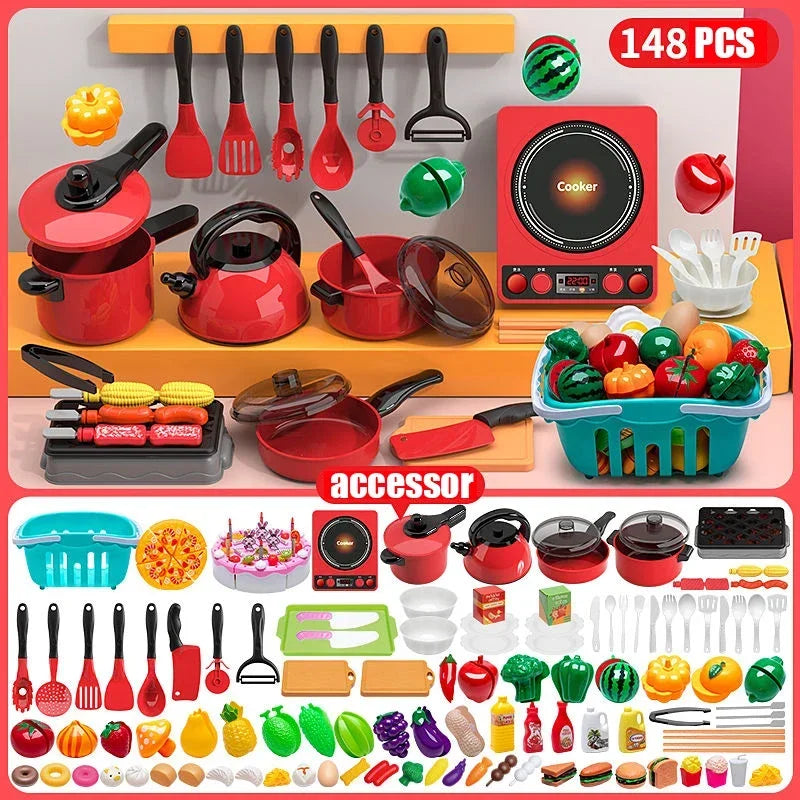 Kids Toys Pretend Play Red Kitchen Toys Simulation Food Cooking Girl's Boys Educational Play House Interactive Toys for Children