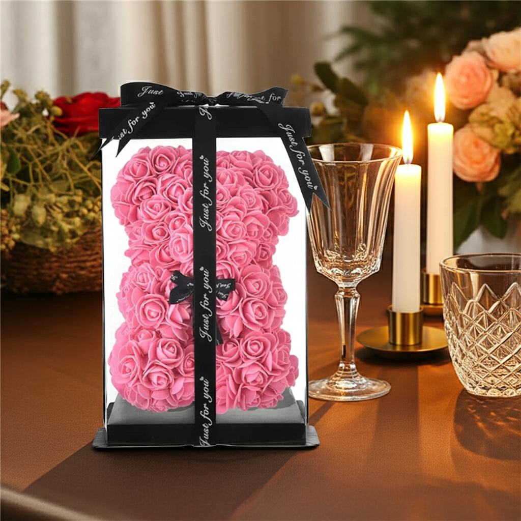 25cm Artificial Teddy Rose Flower Bear with Box Romantic Valentines Day Gift Girlfriend Women Anniversary Wedding Party Supplies