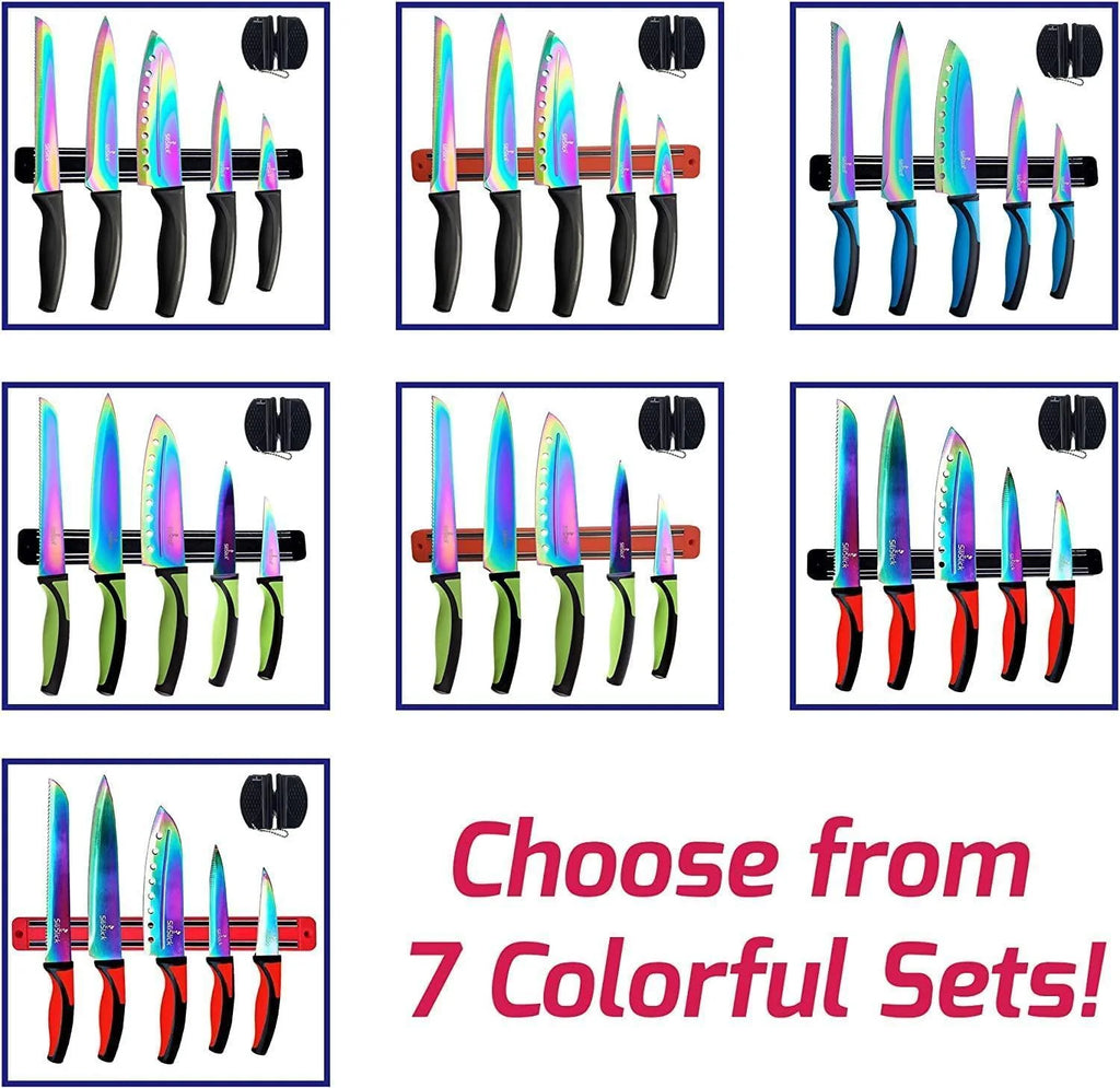 Kitchen Knife Set Kit 5 Dishwasher Safe Colorful Knives with Sharpener Blue