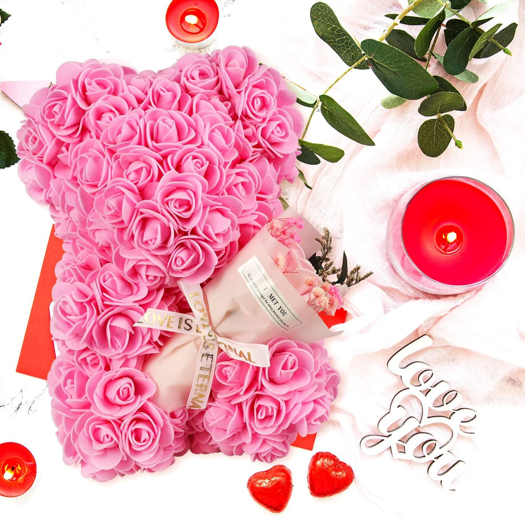 Rose Bear Birthday Gift for Women, Flowers Gifts for Mom Wife Grandma Daughter Friends Sister Her,Artificial Flowers Teddy Bear with Bouquet,Greeting Card,Mother'S Day Christmas Valentines