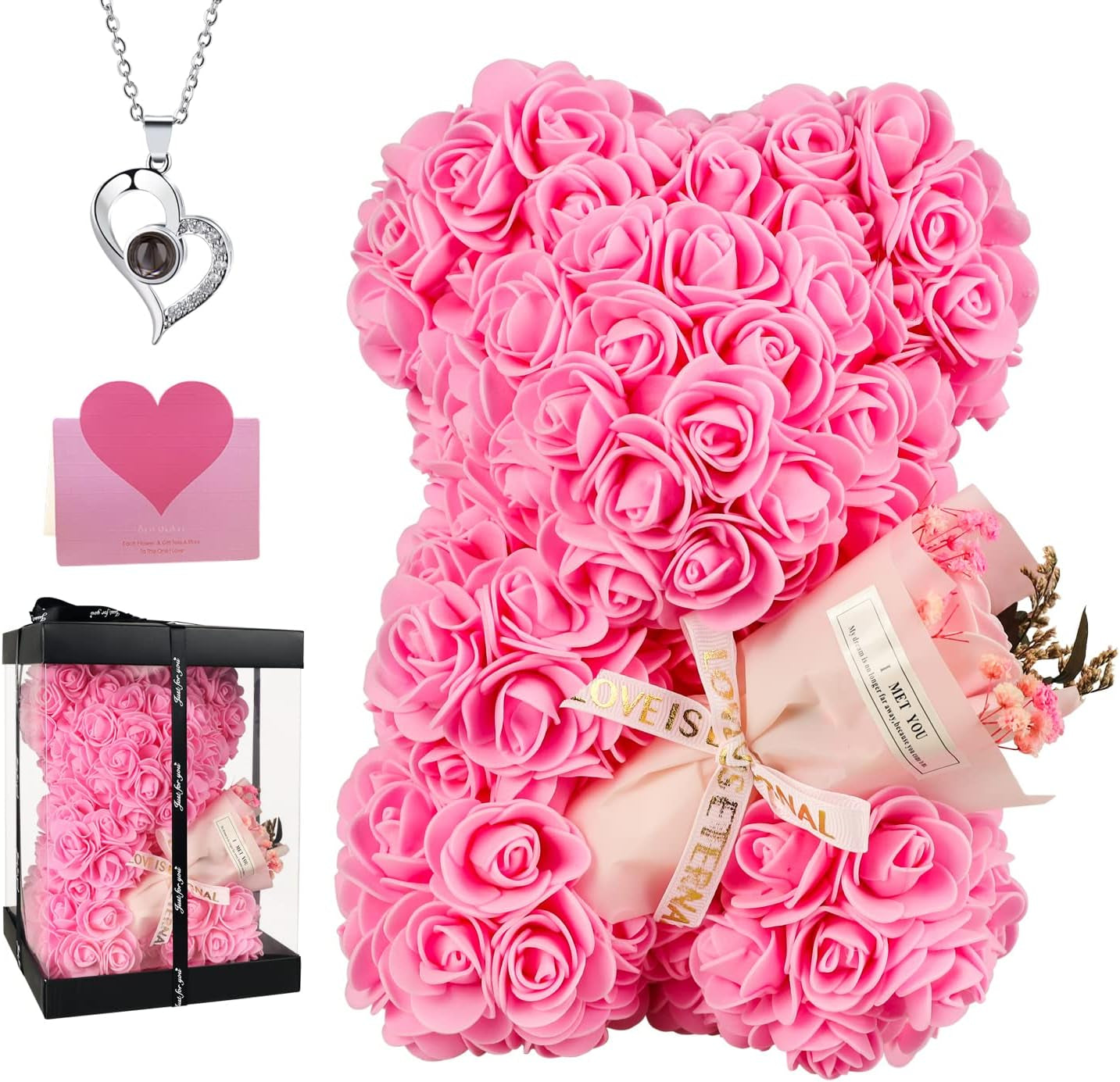 Rose Bear Birthday Gift for Women, Flowers Gifts for Mom Wife Grandma Daughter Friends Sister Her,Artificial Flowers Teddy Bear with Bouquet,Greeting Card,Mother'S Day Christmas Valentines